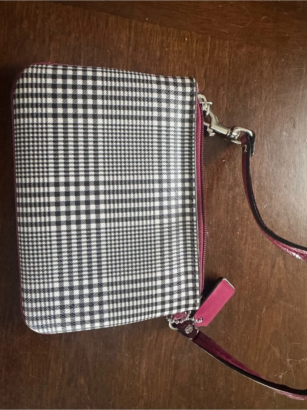 Coach Black-and-White Gingham Wristlet with Pink Logo